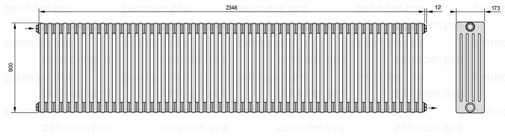 Схема (чертеж) Радиатор Zehnder Charleston 5090/51 №1670 Белый глянцевый RAL 9016